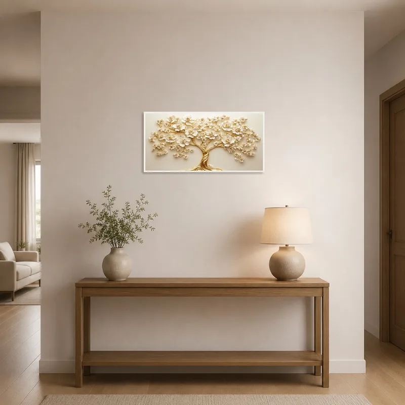 Sophisticated blossom tree artwork welcomes guests in an entrance hall.