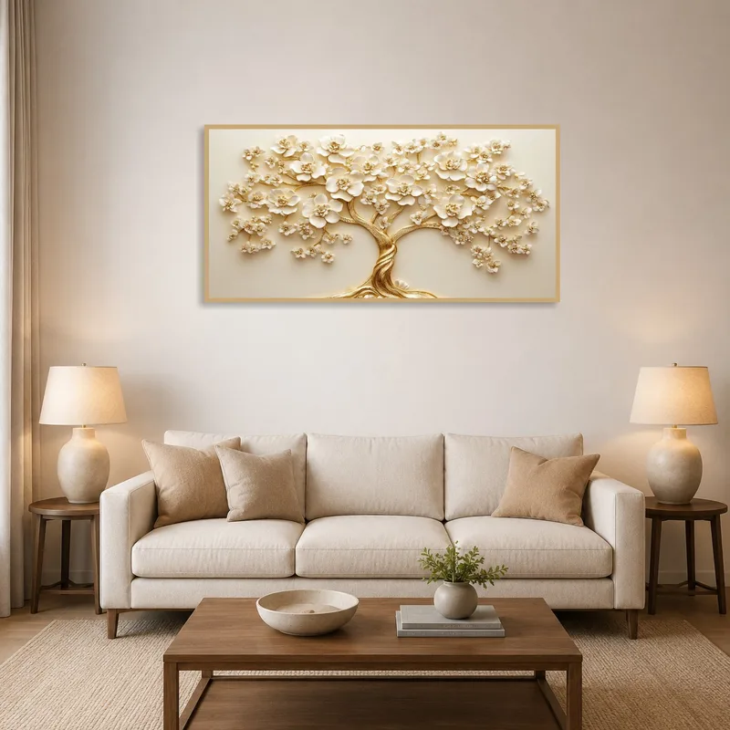 Gold and ivory blossom tree art adds elegance to a cozy living room setting.