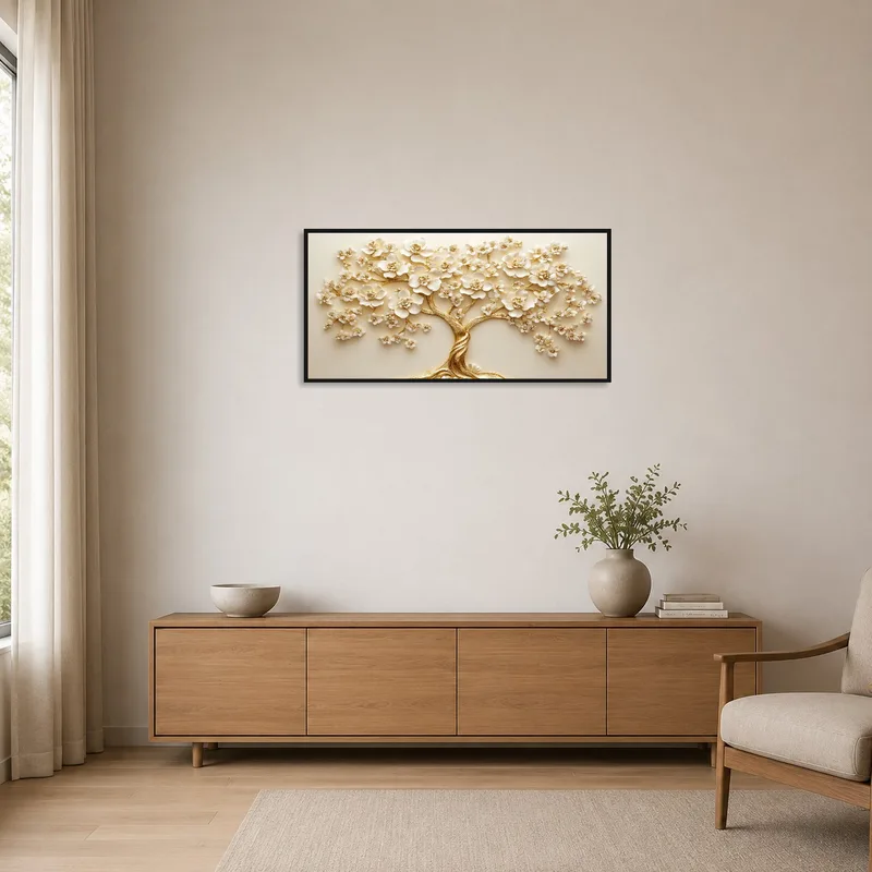 Minimalist room highlights a striking blossom tree piece in gold and ivory.