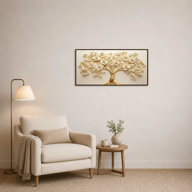 A calming reading corner is enhanced by a gold and ivory blossom tree art.