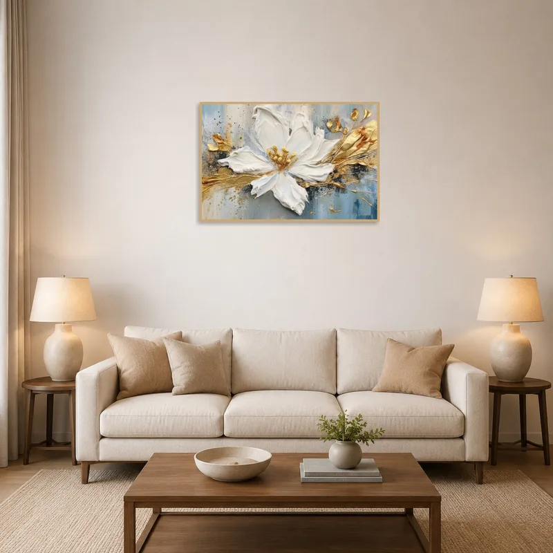 Elegant Blossom art piece on a living room wall, adding a touch of sophistication.