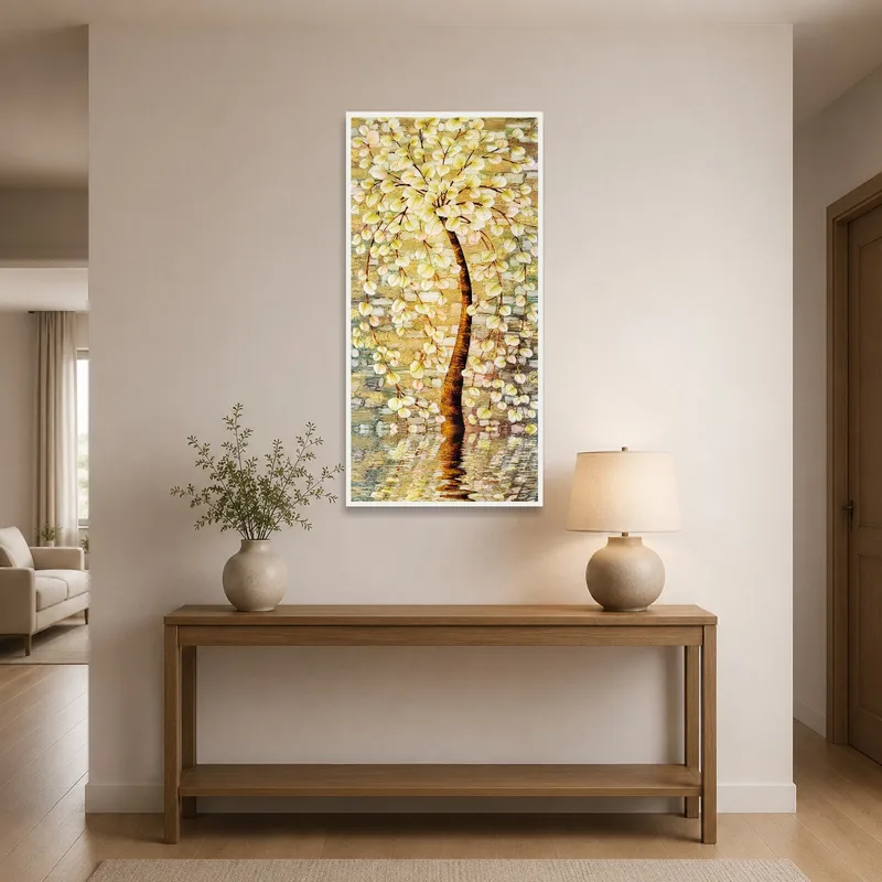 Entrance hall featuring a tree against a stone wall artwork on display.