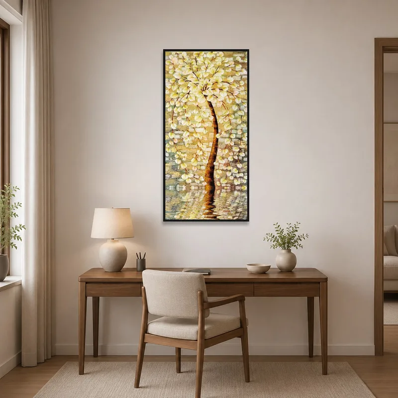 Home office adorned with an art piece of a blossoming tree against stone.