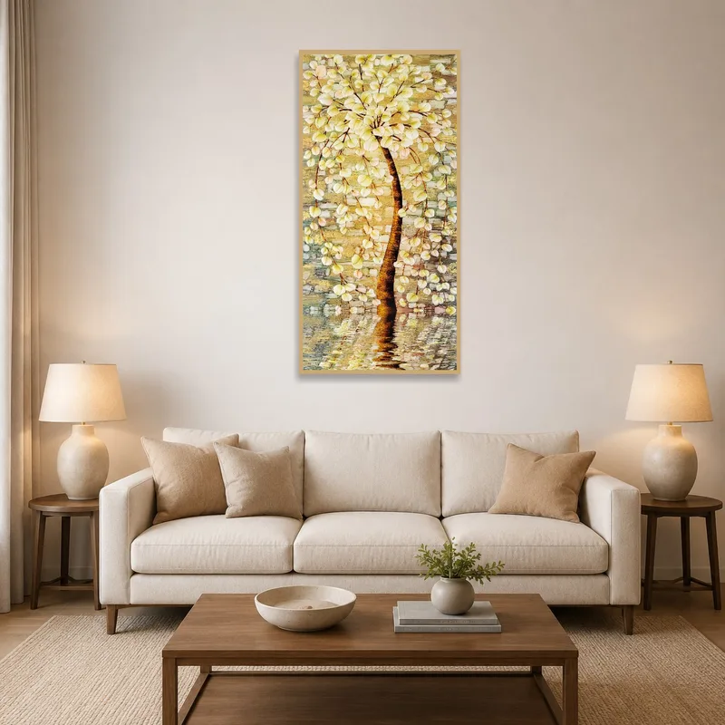 Artwork of a blossoming tree against a stone wall in a modern living room setting.