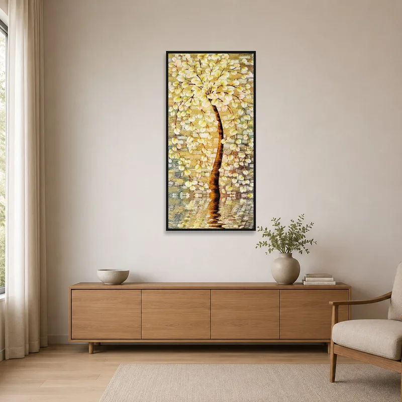 Minimalist space highlighting a tree art piece with stone wall background.