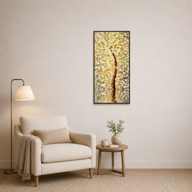Reading corner showcasing art of a tree in bloom with a stone backdrop.