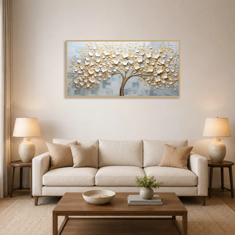A gold and white blossoming tree artwork in a chic living room setting.
