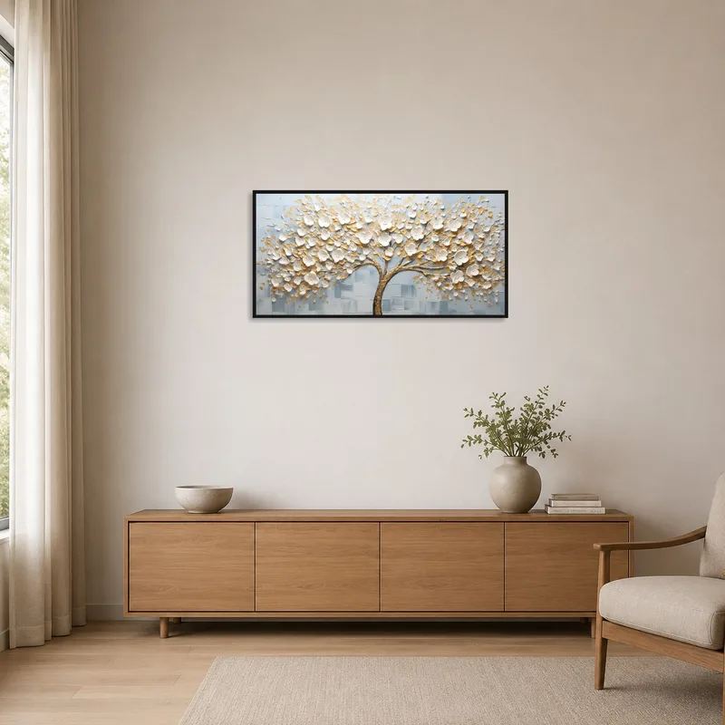Gold tree design adds serenity to a minimalist room setup.
