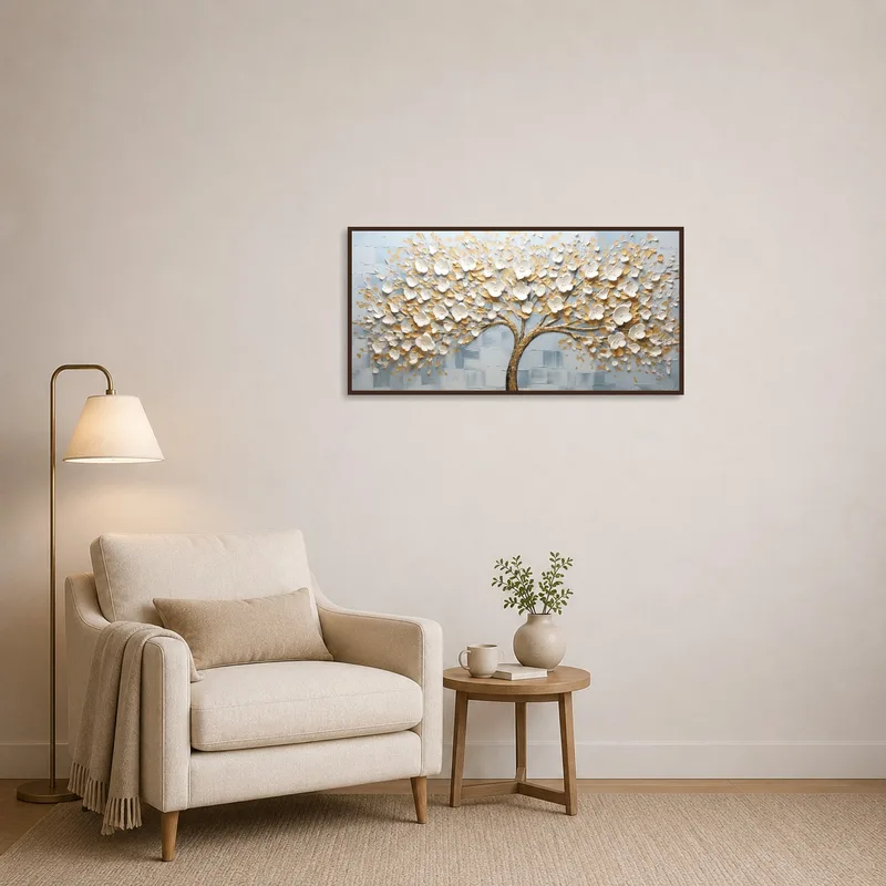 Gold tree design creates a calm vibe in a cozy reading corner.
