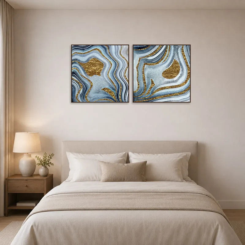 Elegant abstract art set complements the serene bedroom decor.