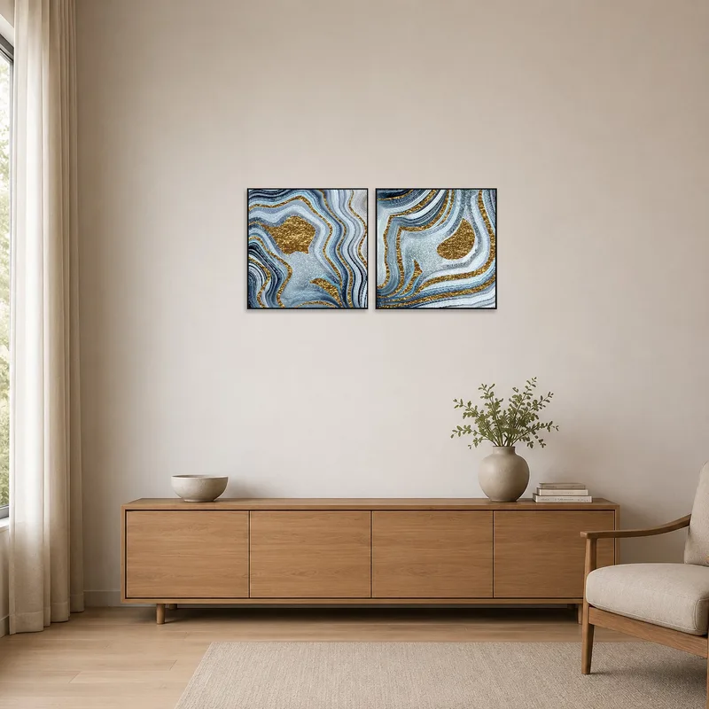 Abstract art set displayed in a minimalist space with clean lines.