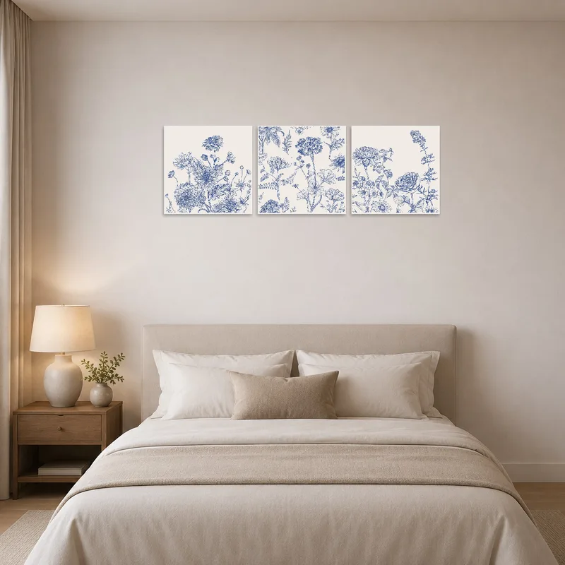 Elegant floral art set with blue tones enhancing a soothing bedroom ambiance.