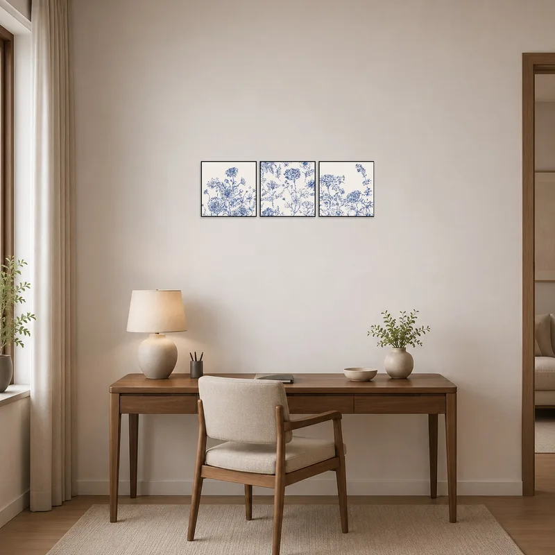 Home office features a botanical floral art set in calming blue hues.