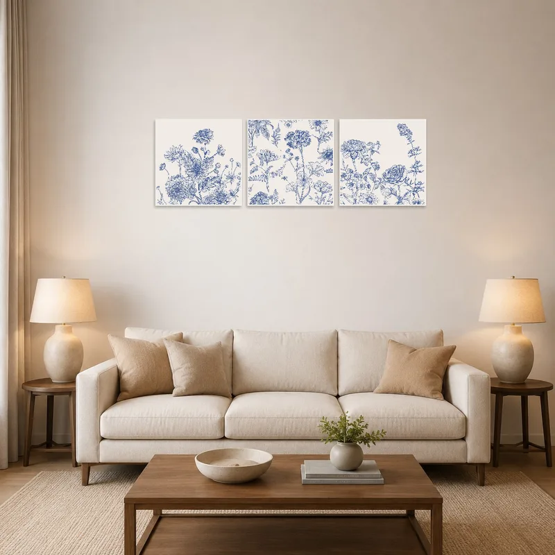 Elegant blue botanical art set adorning a living room wall with a cozy sofa.