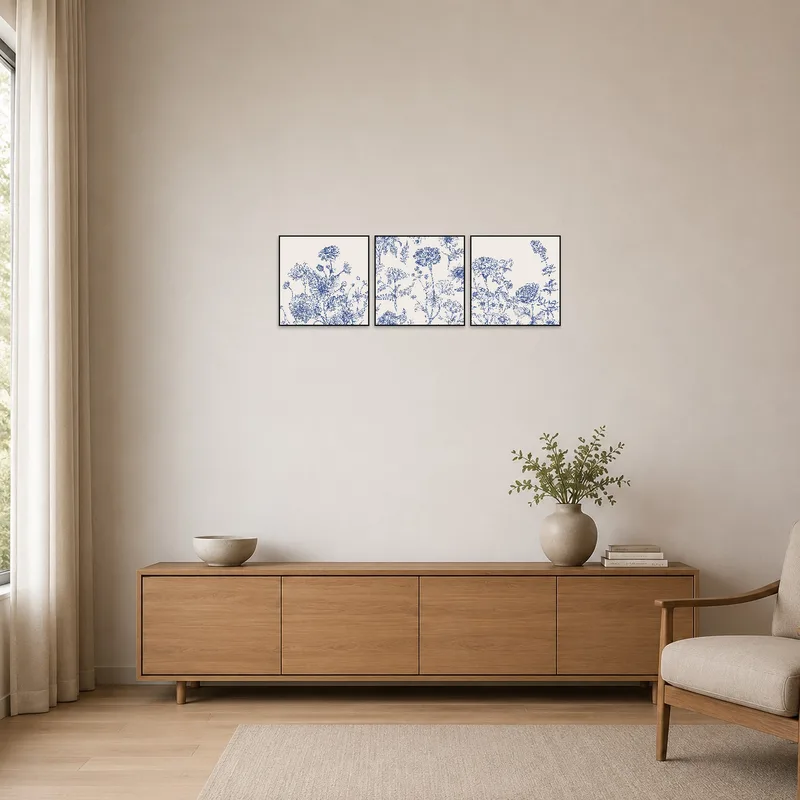 Blue floral art set in a minimalist room with clean lines and neutral tones.