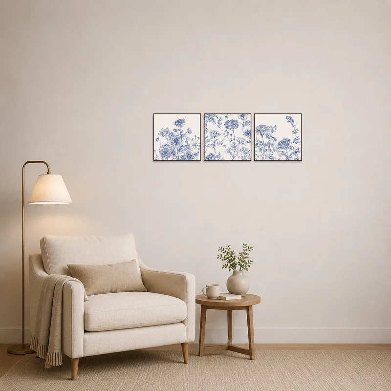 Reading corner complemented by blue botanical art and a comfy armchair.