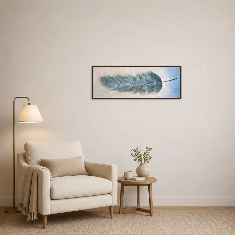 A calming blue feather artwork complements a cozy reading corner.