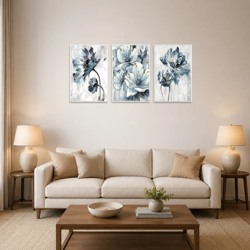 Elegant Blue Floral Vertical Triptych Print Set hanging above a modern sofa with lush greenery.