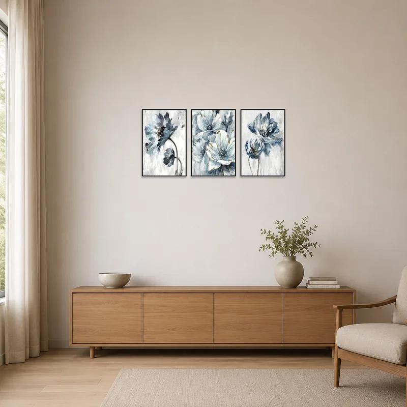 Elegant Blue Floral Vertical Triptych Print Set on a white wall with sparse and clean surroundings.