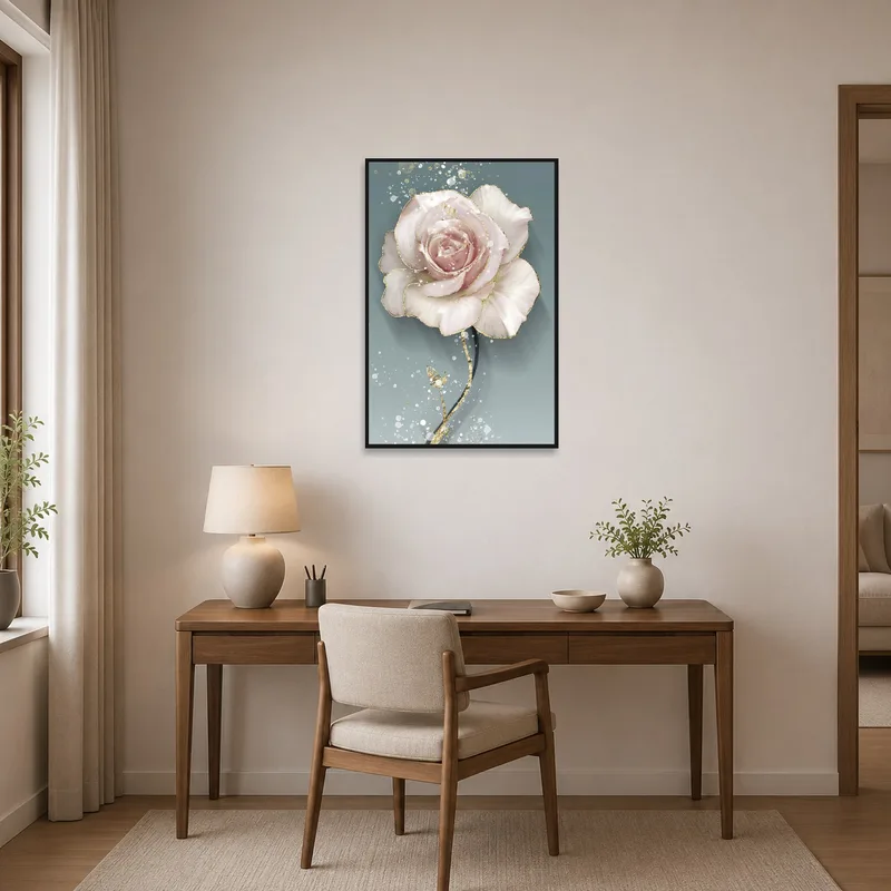Elegant blush rose with gold accents displayed in a stylish home office setting.