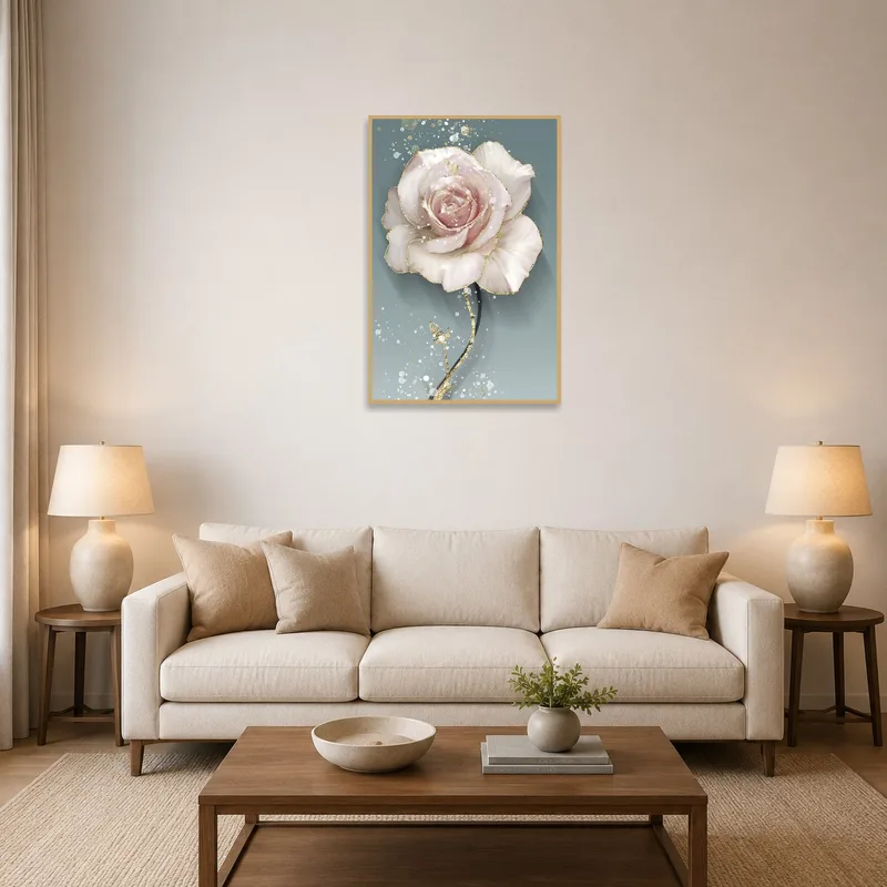 Elegant blush rose with gold accents on a living room wall above a beige sofa.
