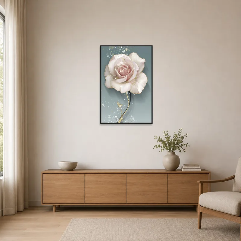Elegant blush rose print in a minimalist room with white walls.