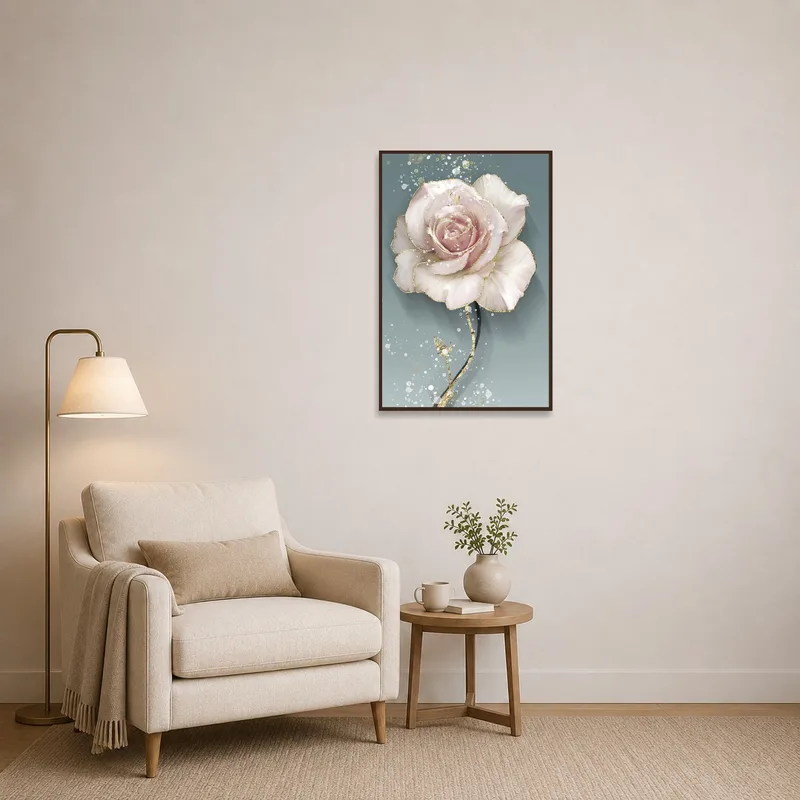 Elegant blush rose with gold accents in a cozy reading corner near a bookshelf.