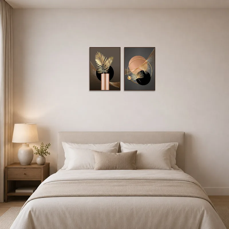 Elegant botanical pieces introducing sophistication to a bedroom.