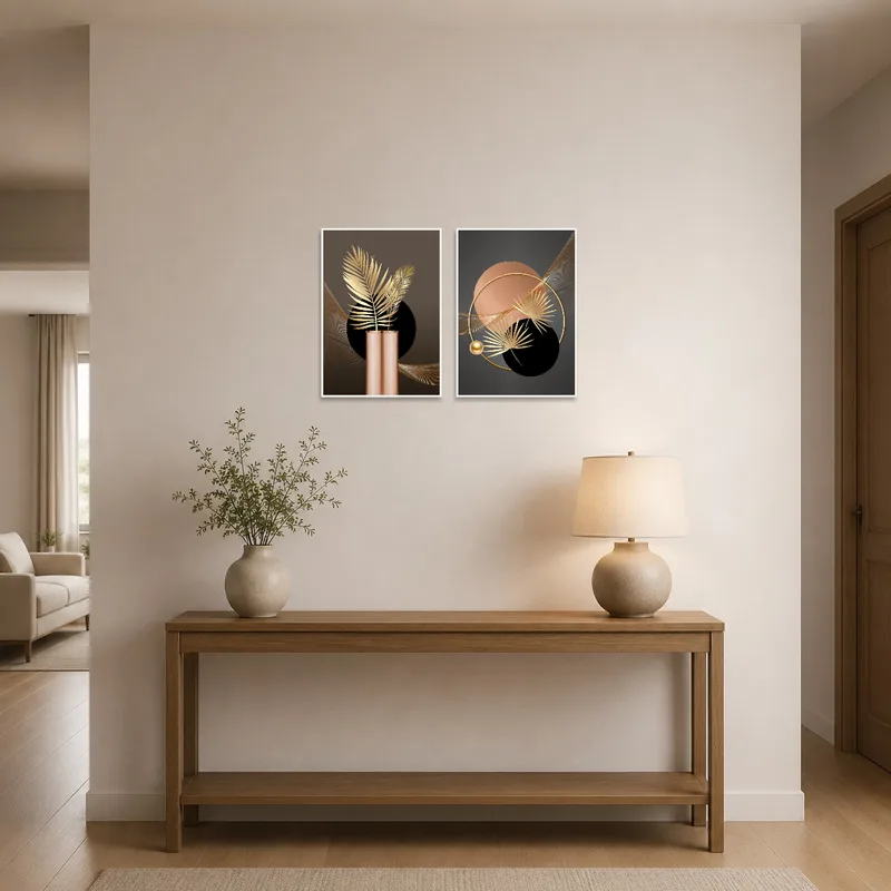 Gold leaf abstract set creating a welcoming vibe in an entrance hall.