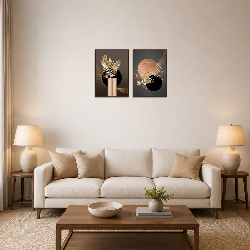 Botanical abstract gold leaf artwork enhancing a living room ambiance.