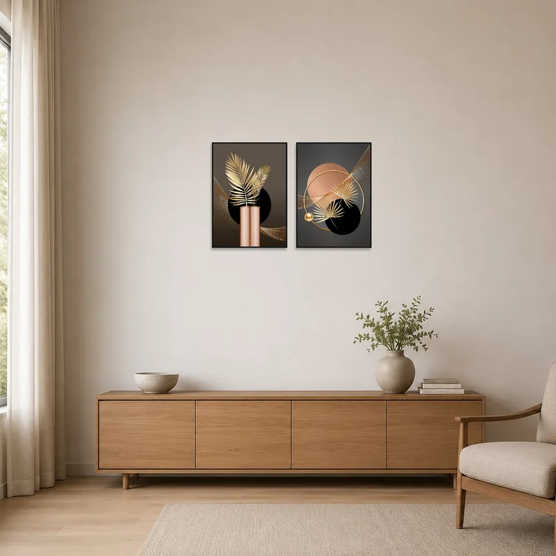 Elegant gold leaf botanical art adding style to a minimalist room.