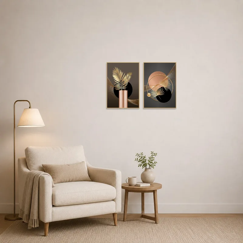 Calming botanical abstract gold leaf pieces in a reading corner.