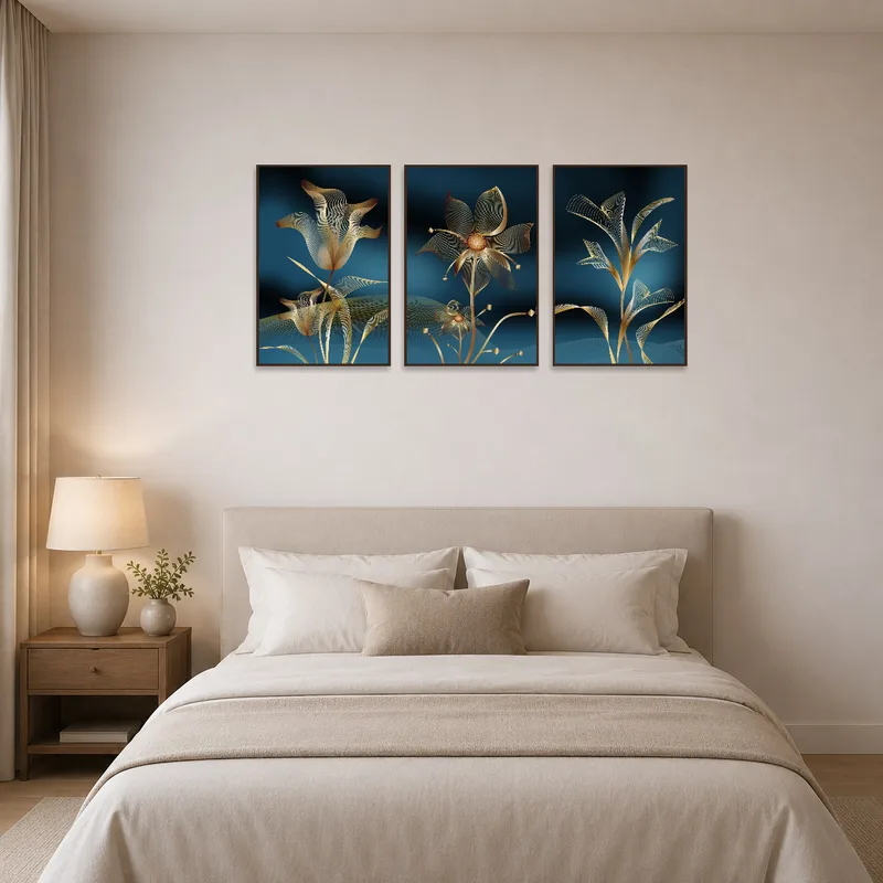 Bedroom wall displaying the botanical abstract triptych art set above the bed.