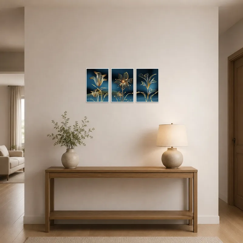 Entrance hall featuring botanical abstract triptych art set, welcoming with style.
