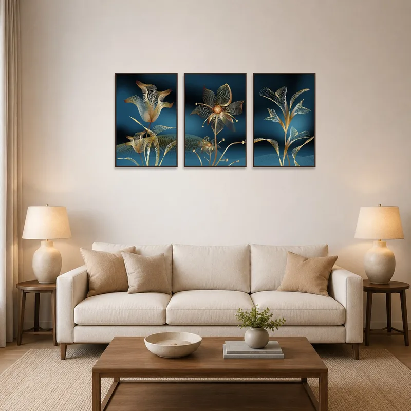 Elegant botanical abstract triptych art set above a modern couch in the living room.