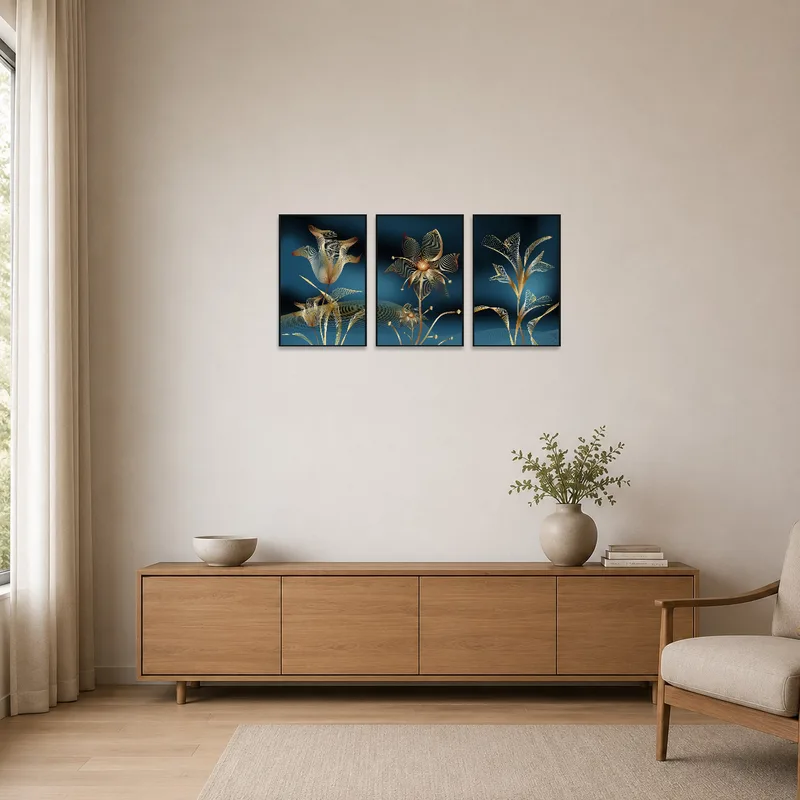 Minimalist room with botanical abstract triptych adding a touch of color to a plain wall.