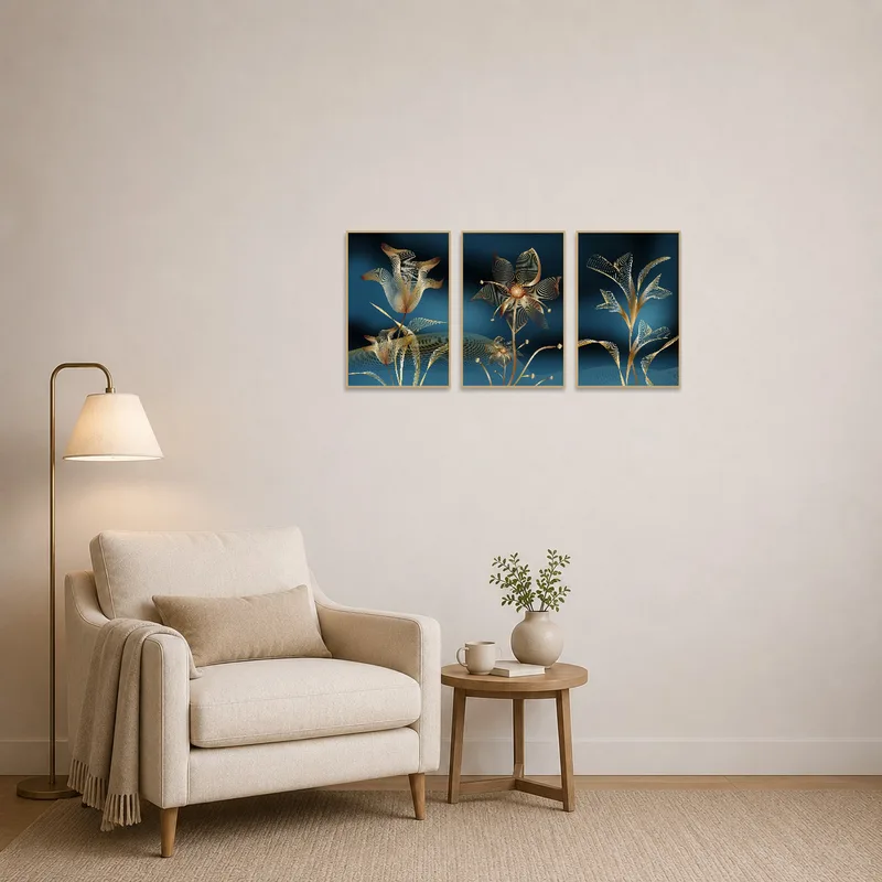 Cozy reading corner adorned with an elegant botanical abstract triptych set.