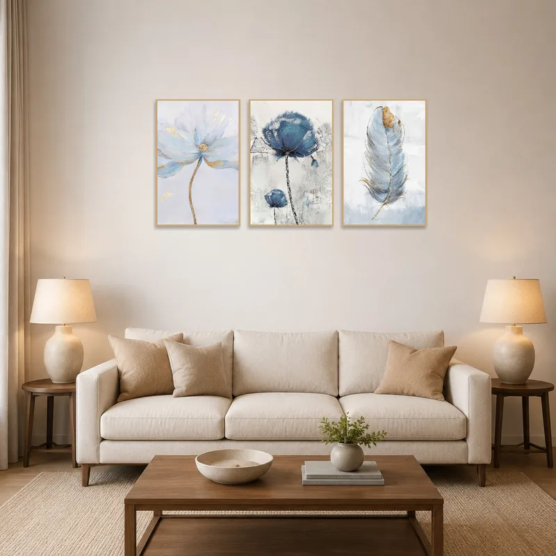 Elegant botanical abstract triptych set above a modern living room sofa.