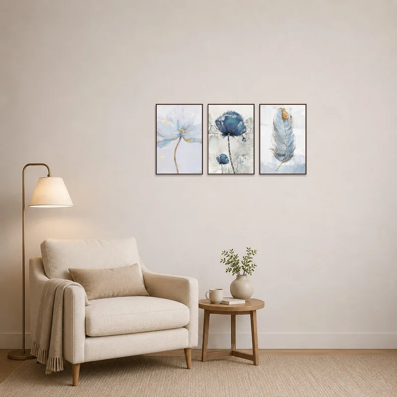 Botanical abstract triptych set adds elegance to a cozy reading corner.