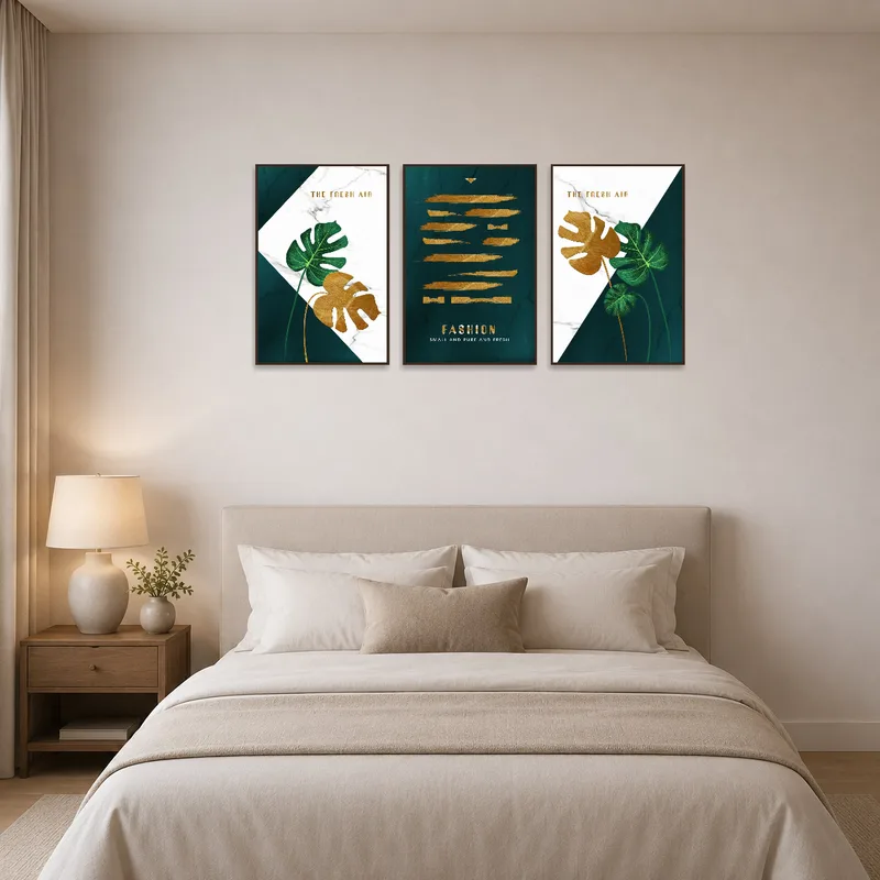 Triptych set brings elegance and serenity with botanical and abstract designs above the bed.