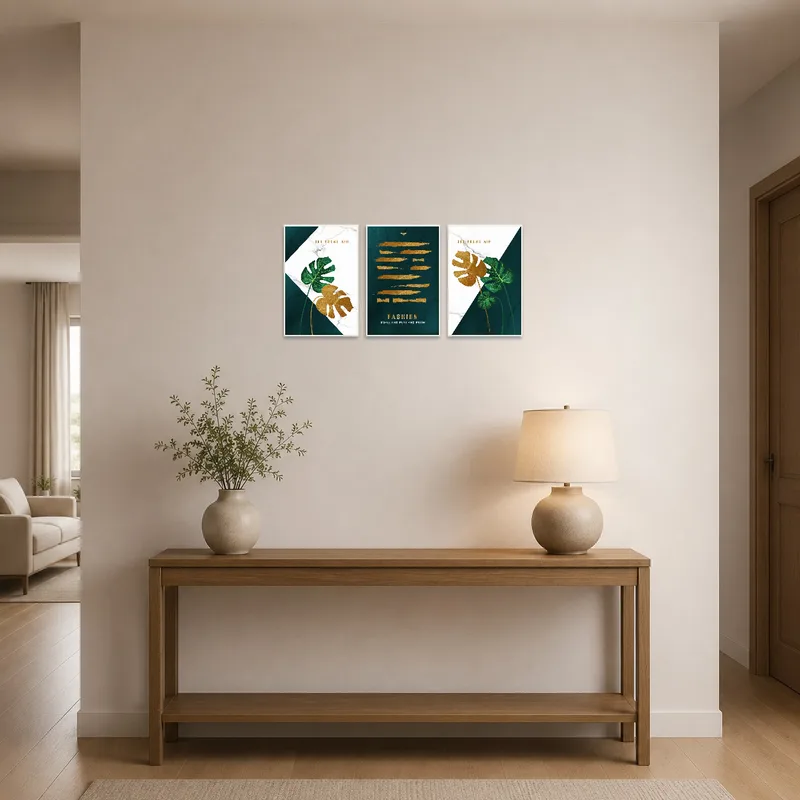 Triptych set welcomes guests with an elegant botanical and abstract design in the entrance hall.