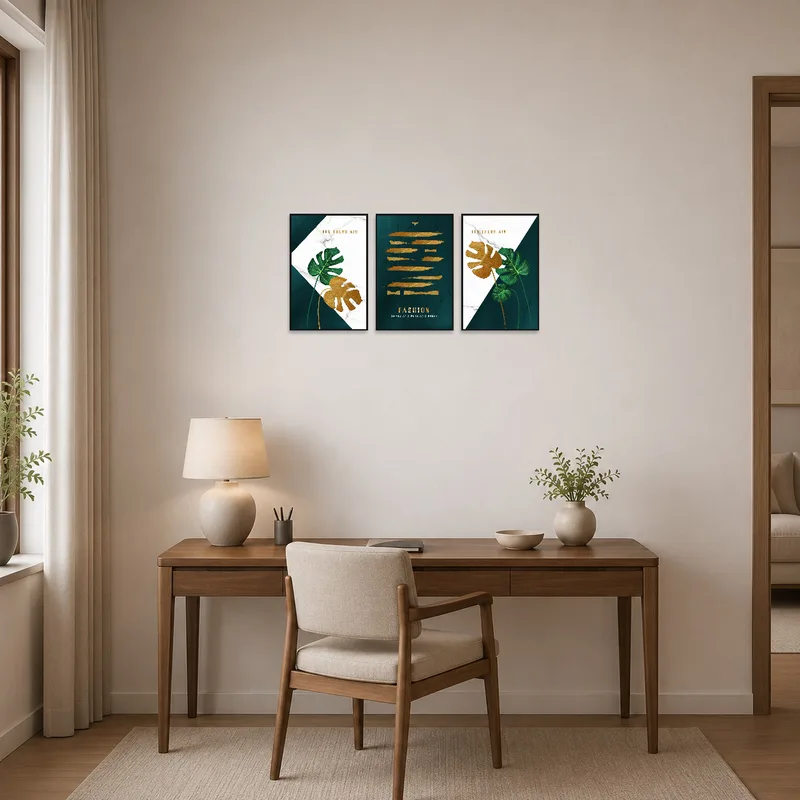 In the home office, the elegant botanical and abstract triptych set inspires creativity and focus.