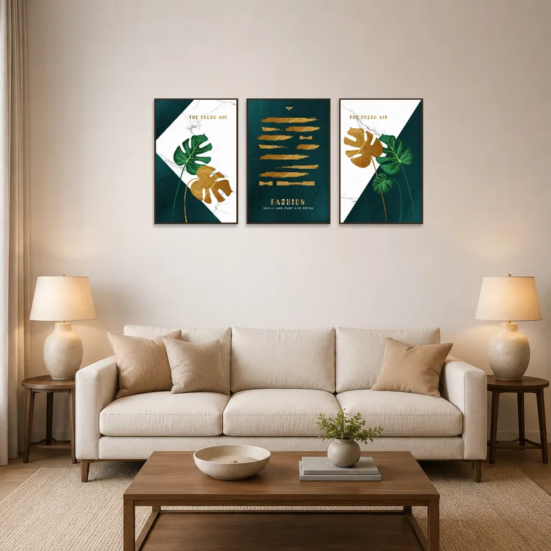 Elegant botanical and abstract triptych set adds a sophisticated touch above the living room sofa.