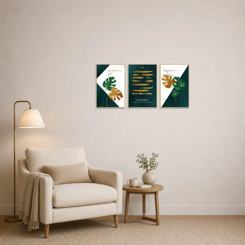 Elegant botanical and abstract triptych set creates a calming atmosphere in the reading corner.