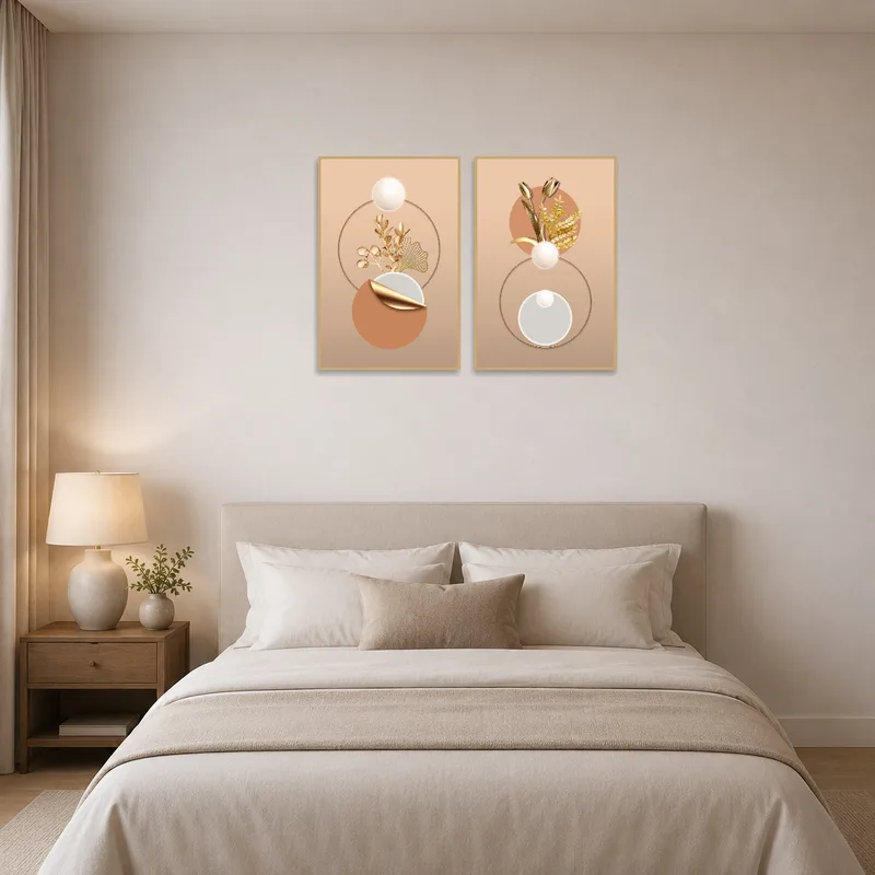 Elegant art set brings a serene vibe to the bedroom's interior decor.