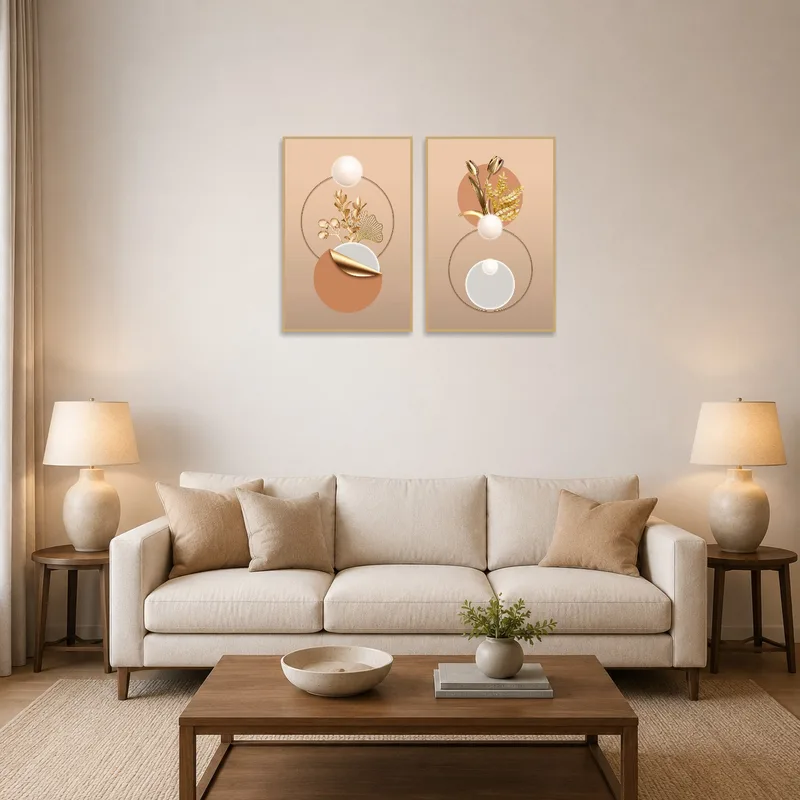 Botanical and geometric art set on a living room wall above a sleek sofa.
