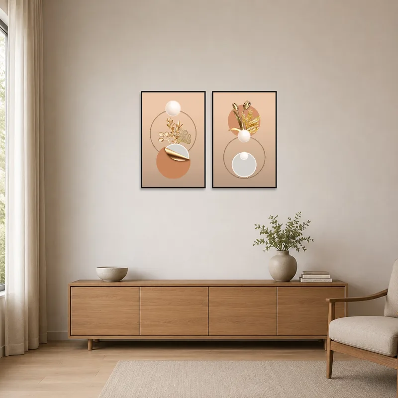Botanical and geometric art adds sophistication to a minimalist room.