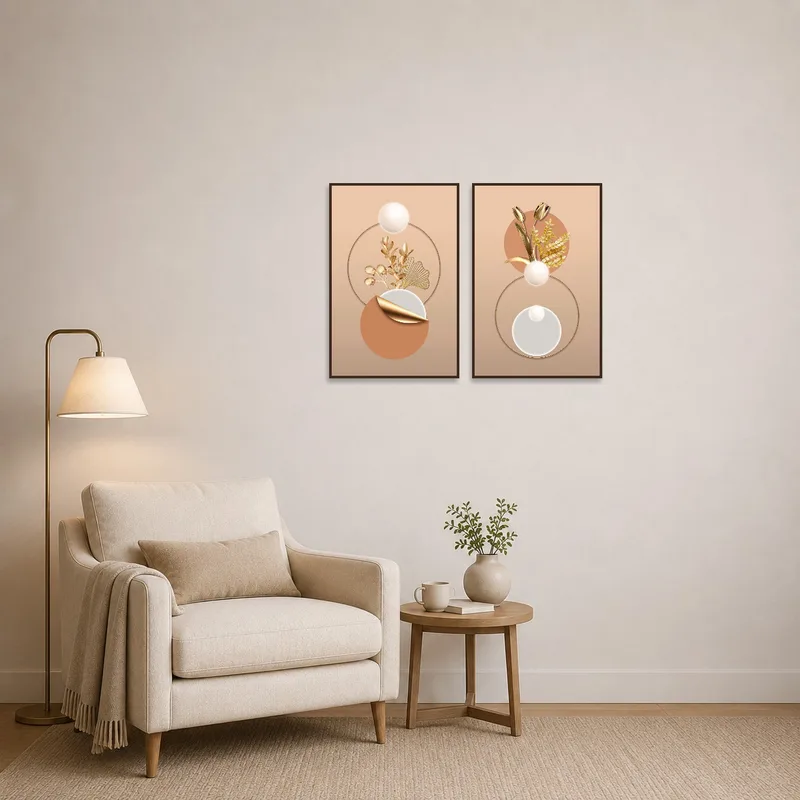 Botanical and geometric art enhances a reading corner's cozy atmosphere.