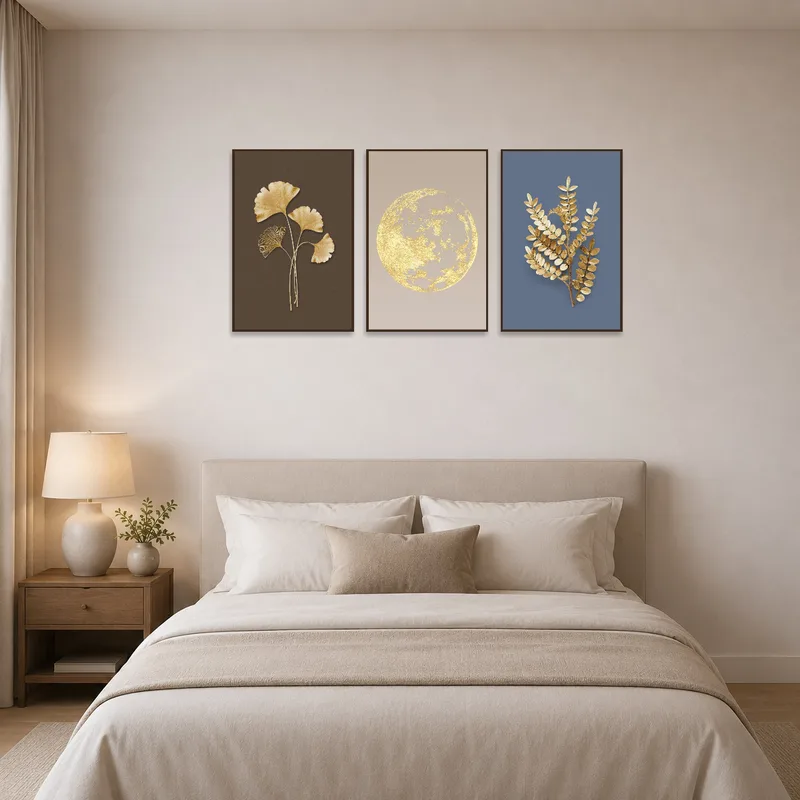 Bedroom wall elegantly graced by a gold lunar and botanical-themed triptych.