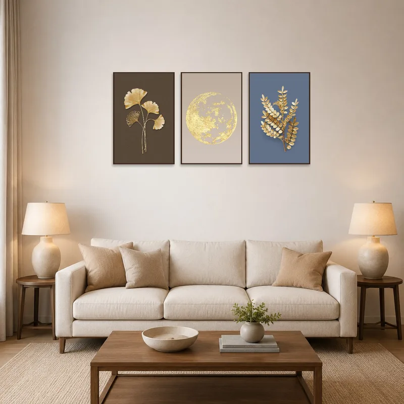 Gold botanical and lunar triptych adds a sophisticated touch to the living room wall.